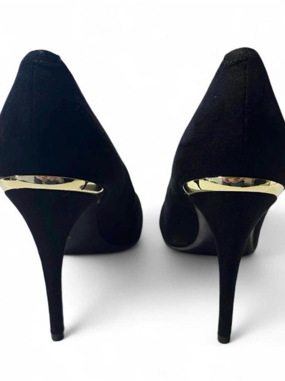 Marc Fisher Black Vegan Suede Pointed-Toe 4” Stiletto Pumps with Gold Accent - Picture 3 of 8